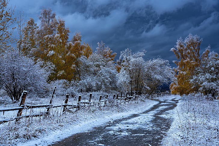 road, autumn, snow, trees, the fence, Kazakhstan, Евгений Дроботенко, Рудный Алтай, HD wallpaper