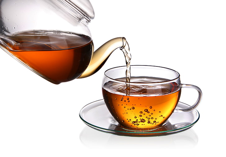 théière en verre clair, tasse à thé et soucoupe, bulles, thé, tasse, boisson, soucoupe, théière, Fond d'écran HD