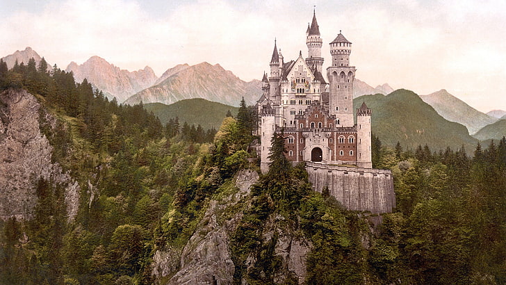 biało-brązowy zamek, miasto, Neuschwanstien, zamek, Niemcy, krajobraz, góry, klif, Tapety HD