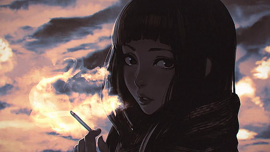 женщина, курящая аниме персонаж обоев, илья кувшинов, рисунок, мультфильм, цифровое искусство, курение, аниме девушки, сигареты, лицо, HD обои HD wallpaper