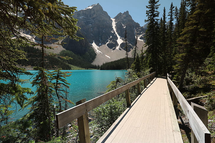 brown wooden bridge beside body of water near brown rocky mountain during daytime, moraine lake, canada, moraine lake, canada, Moraine Lake, Alberta, Canada, wooden bridge, body of water, rocky mountain, daytime, Moraine  Lake, July  4th, independence  day, nature, lake, forest, mountain, landscape, outdoors, scenics, tree, water, HD wallpaper