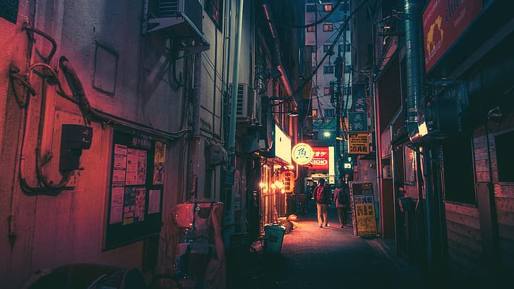 улица, нощ, Япония, град, слабо осветление, градско, улично осветление, магазини, HD тапет