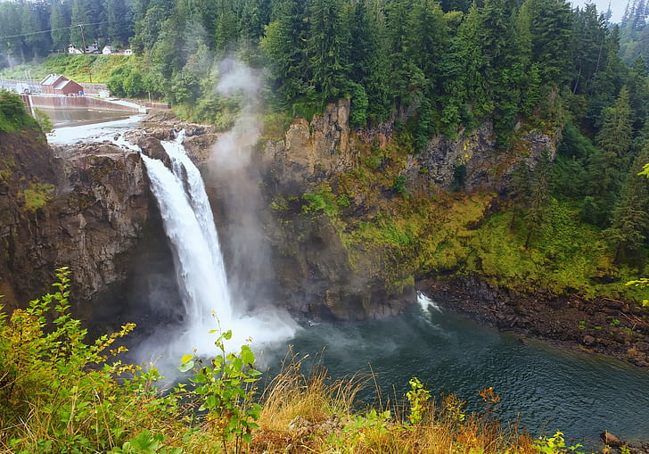 Waterfall, river, lake, waterfalls photography, river, forest, trees, waterfall, autumn, lake, HD wallpaper