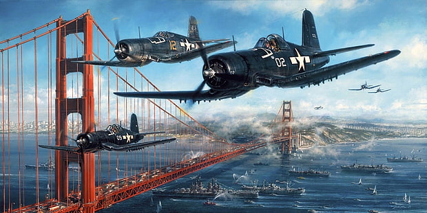 avions de combat noirs près de Golden Gate Bridge fonds d'écran numériques, détroit, l'avion, la figure, les navires, le pont du Golden Gate, FORCES DE L'AIR DES ÉTATS-UNIS, chasseur basé sur le pont, le pont de Golden Gate, Chance-VOUT F4U Corsair, John D. Shaw, ChanceVought F4U Corsair, Fond d'écran HD HD wallpaper