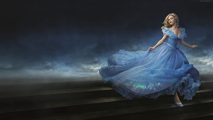 mulher usando papel de parede vestido azul, Cinderela, filmes, filmes de animação, loira, Lily James, HD papel de parede