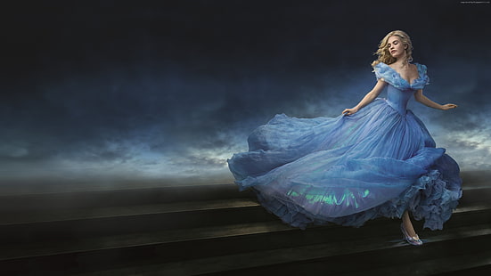 kobieta ubrana w niebieską sukienkę, Kopciuszek, filmy, filmy animowane, blondynka, Lily James, Tapety HD HD wallpaper