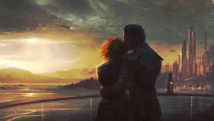 мужчина целует женщину возле водоёма с живописью, Mass Effect, концепт-арт, живопись, произведения искусства, видеоигры, HD обои