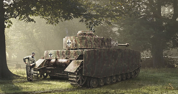 grå och brun krigstank, skog, Tyskland, soldater, tank, tyskarna, Pz-IV, handritad bild, Wehrmacht, HD tapet HD wallpaper