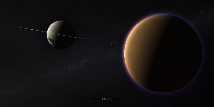 Titan digital wallpaper, ring, solar system, the milky way, satellites, Saturn, Titan, gas giant, HD wallpaper