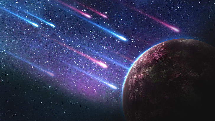Lluvia de meteoritos cerca del fondo de pantalla digital planeta marrón, Meteoritos, Planeta, Galaxia, Estrellas, 4K, Fondo de pantalla HD