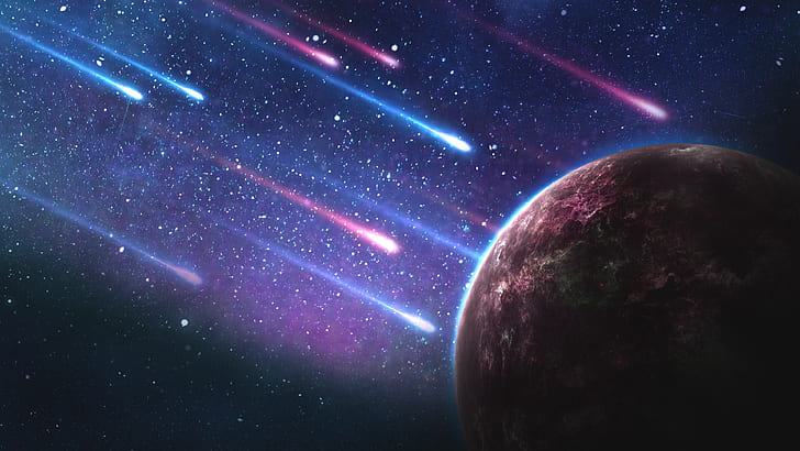 Meteoritos, estrellas, planeta, 4K, galaxia, Fondo de pantalla HD