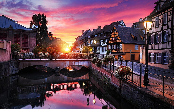 body of water, body of water near building during sunset, city, house, reflection, trees, France, lantern, street, sky, clouds, HDR, street light, Europe, old building, architecture, town, Colmar, HD wallpaper