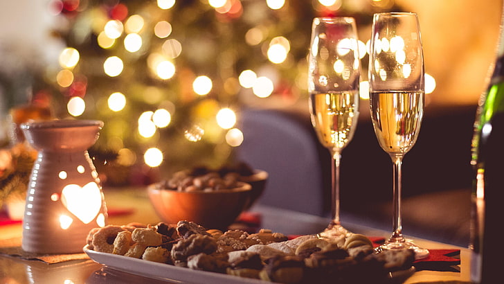 champagne, dinner, christmas, christmas day, christmas eve, bokeh lights, candlelight, bokeh effect, HD wallpaper