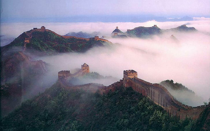 Великата китайска стена в мъглата, дървета, стена, мъгла, планини, природа и пейзажи, HD тапет