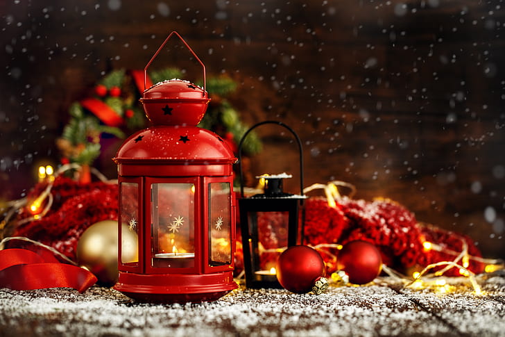 decoration, balls, New Year, Christmas, lantern, gifts, wood, gift, xmas, Merry, fir tree, fir-tree branches, HD wallpaper