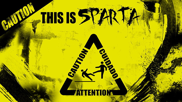 Это иллюстрация Спарты, 300, предупреждающие знаки, цифровое искусство, желтый, юмор, HD обои