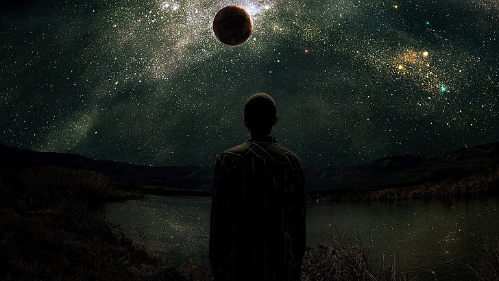 uomo di fronte alla luna, stelle, fantasy art, uomini, arte spaziale, pianeta, silhouette, Sfondo HD