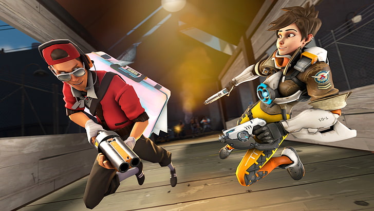 Video Game, Crossover, Scout (Team Fortress), Tracer (Overwatch), HD wallpaper
