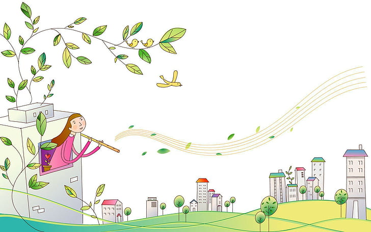 Girl playing the flute in the city, woman in window illustration, vector, 1920x1200, bird, city, woman, flute, HD wallpaper