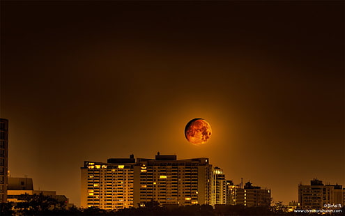 eclissi lunare, Luna, paesaggio urbano, cielo, arancia, buio, notte, Sfondo HD HD wallpaper