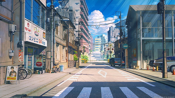glass buildings, anime street, scenic, buildings, bicycle, cars, road, clouds, Anime, HD wallpaper