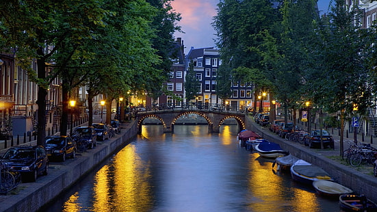 ville, pays bas, amsterdam, rivières, soir, 1920x1080, Nature, rivières, HD, art, ville, Pays-Bas, Fond d'écran HD HD wallpaper
