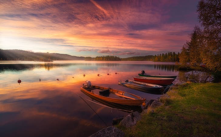 landscape, sunset, nature, lake, boats, the evening, Norway, forest, Bank, Ringerike, Ole Henrik Skjelstad, HD wallpaper
