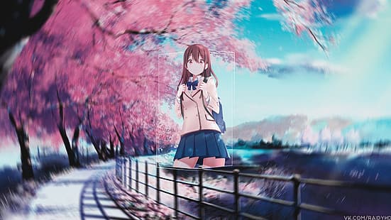  anime, anime girls, picture-in-picture, sakura yamauchi, cherry blossom, school uniform, HD wallpaper HD wallpaper