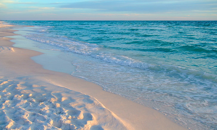 blue and white floral mattress, sea, beach, sand, horizon, waves, HD wallpaper