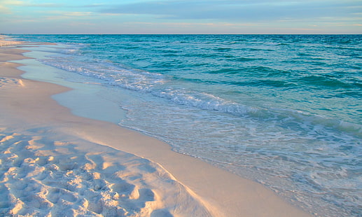 blå och vit blommig madrass, hav, strand, sand, horisont, vågor, HD tapet HD wallpaper