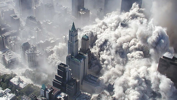 مبنى شاهق رمادي ، برج مزدوج ، كارثة ، غبار ، دخان، خلفية HD