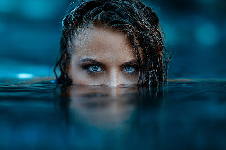 women, Alessandro Di Cicco, face, water, blue eyes, depth of field, reflection, HD wallpaper