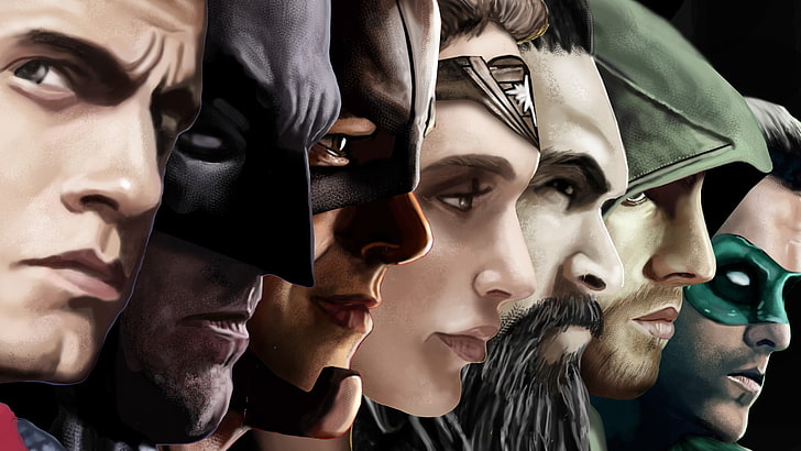 DC Heroes digital wallpaper, Justice League, comic books, artwork, Superman, Batman, Flash, Wonder Woman, Aquaman, Green Arrow, Green Lantern, superhero, mask, costumes, HD wallpaper