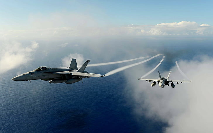 самолет, военный самолет, облака, военный, Boing FA-18F Super Hornet, море, HD обои