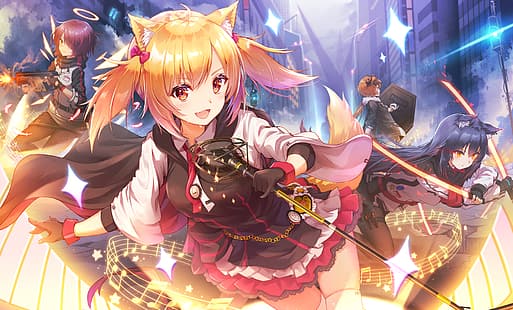  Arknights, Croissant(Arknights), Exusiai (Arknights), Sora(Arknights), Texas (Arknights), black hair, blonde, red eyes, brunette, building, cape, cat girl, dress, Fang, gloves, gun, Halo, long hair, microphone, music, pantyhose, ponytail, purple hair, short hair, skirt, tail, thighs, twintails, weapon, wings, yellow eyes, HD wallpaper HD wallpaper