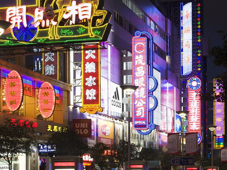 assorted-color LED signage, signs, evening, china, street, HD wallpaper
