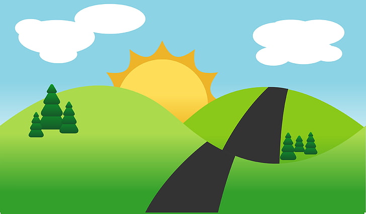 зелена планина с илюстрация на слънце и облаци, Adobe Illustrator, произведения на изкуството, пейзаж, HD тапет