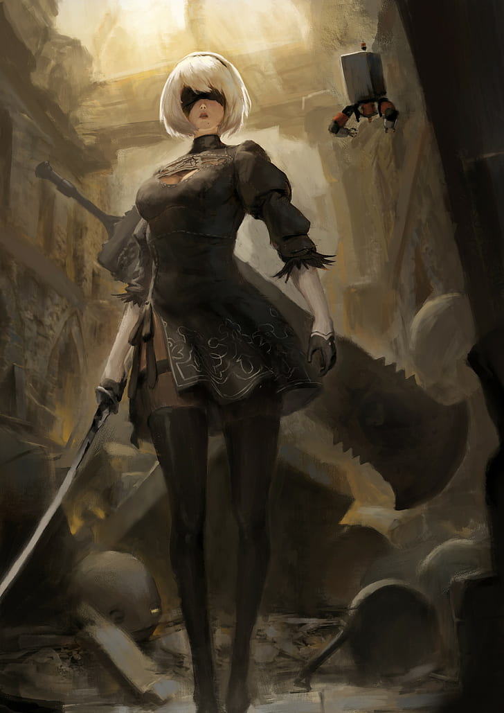 personaje de anime femenino wallpapewr, espada, Nier: Automata, 2B (Nier: Automata), Fondo de pantalla HD, fondo de pantalla de teléfono