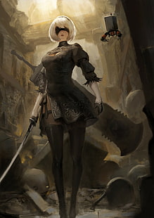 kobieca postać z anime wallpapewr, miecz, Nier: Automata, 2B (Nier: Automata), Tapety HD HD wallpaper