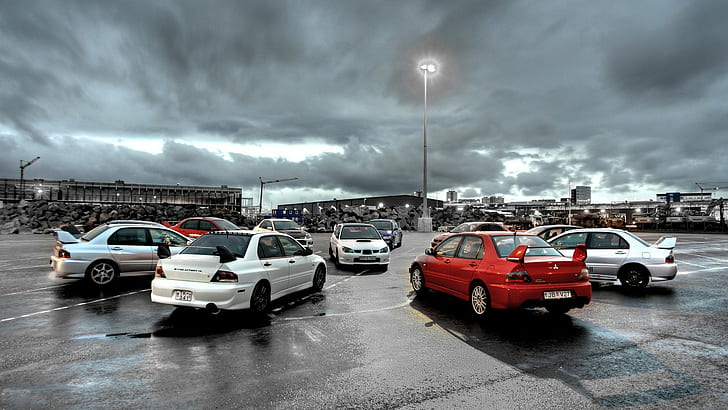 Mitsubishi Lancer Evolution Evo Subaru WRX STI Wet Clouds HD, автомобили, облака, мокрая, субару, эволюция, mitsubishi, wrx, ​​sti, evo, lancer, HD обои