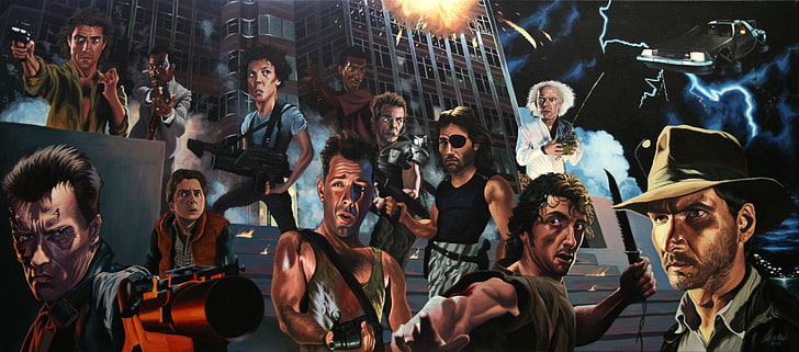 tapeta cyfrowa postaci, filmy, karykatura, Terminator, Indiana Jones, Szklana pułapka, Powrót do przyszłości, Obcy (film), Ucieczka z Nowego Jorku, Rambo, Hollywood, Tapety HD