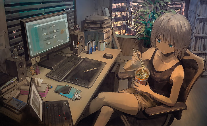 Anime, Original, Blue Eyes, Girl, Laptop, Ramen, Room, Short Hair, Shorts, Tablet, White Hair, Sfondo HD