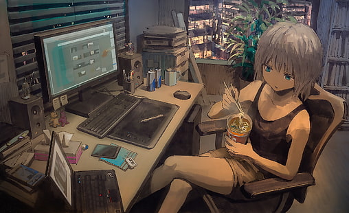 Anime, Original, Blue Eyes, Girl, Laptop, Ramen, Room, Short Hair, Shorts, Tablet, White Hair, Sfondo HD HD wallpaper