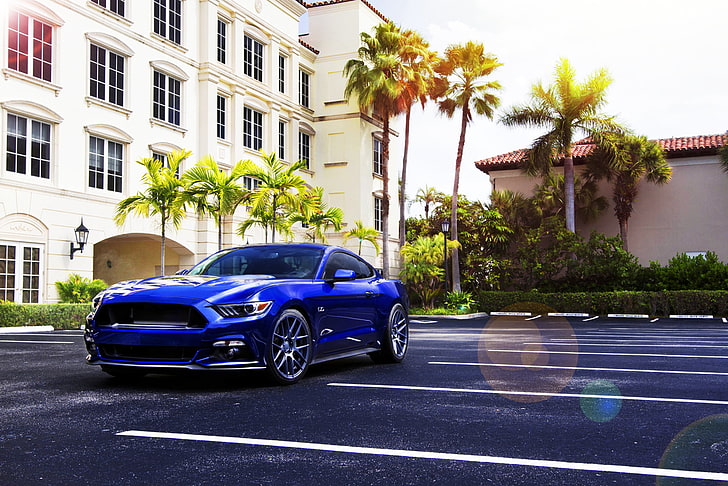 Mustang, Ford, Músculo, Carro, Azul, Parte dianteira, Sol, Verão, Rodas, 2015, Velgen, HD papel de parede