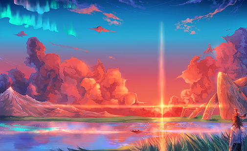 иллюстрация, аниме девушки, пейзаж, море, лодка, облака, живопись, фан-арт, красочный, небо, природа, HD обои HD wallpaper