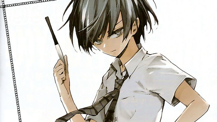 седой мужчина аниме персонаж держит нож иллюстрации, Акума не загадка, голубые волосы, голубые глаза, Азума Токаку, белая одежда, нож, аниме, HD обои