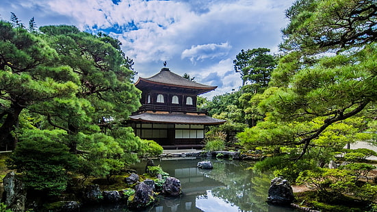 туристическа атракция, гинкакуджи, дзен храм, пейзаж, градина, будистки, гинкаку-джи, небе, пагода, Киото, будистки храм, растителност, храм, растение, Япония, дърво, природа, HD тапет HD wallpaper