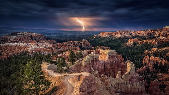 brown plateau, nature, landscape, lightning, mountains, Bryce Canyon National Park, HD wallpaper HD wallpaper