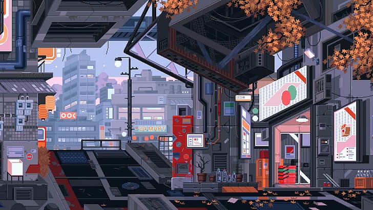 waneella، pixel art، city، cyberpunk، خلفية HD