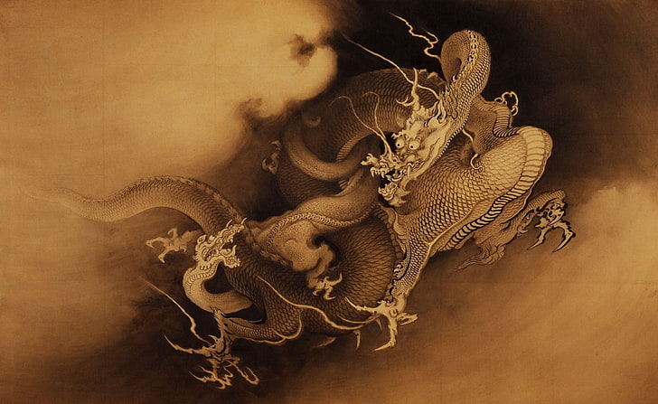 Malerei des braunen Drachen, Holz, Drache, Asiat, Chinese, chinesischer Drache, Mythologie, Grafik, Malerei, Fantasiekunst, HD-Hintergrundbild